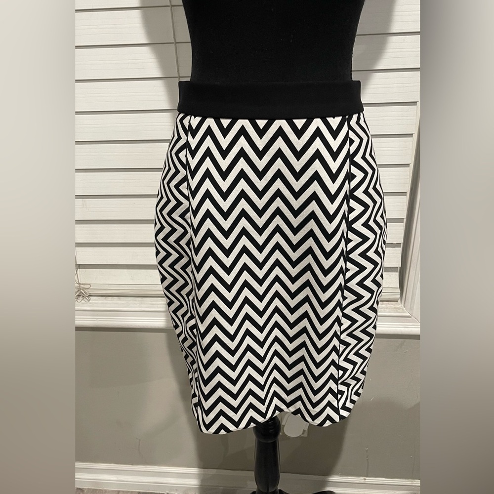 H&M Black White Zig Zag Fitted Body Mini Skirt Gold Color Zipper‎